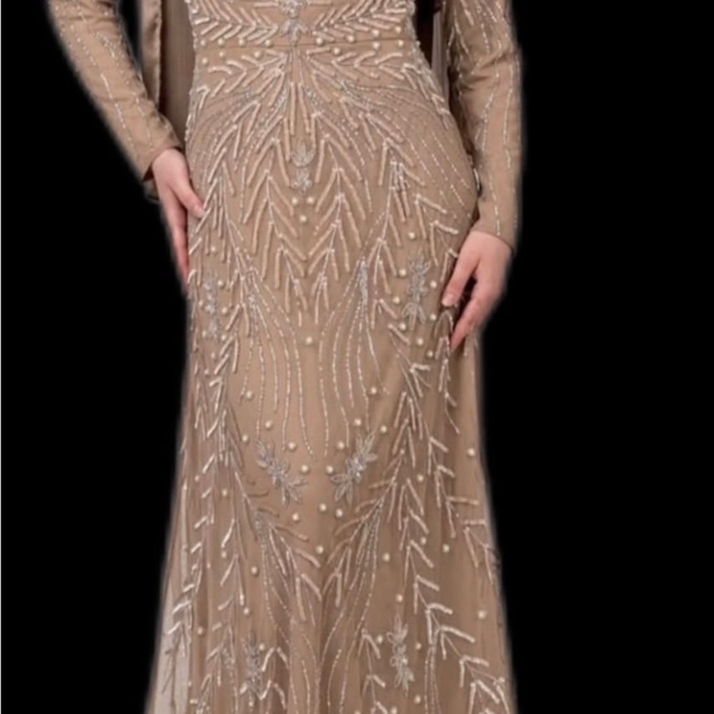 Beaded Long-Sleeve Evening Gown in Beige